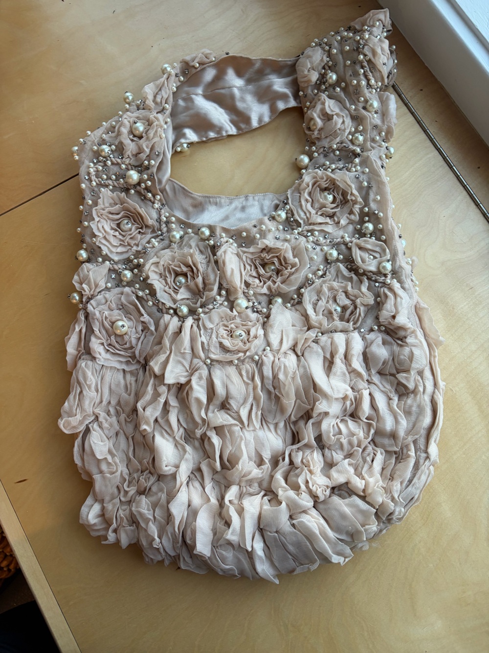 Alice + Olivia Blush Pearl & Rosette Ruffle Hobo Bag